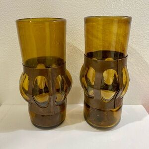 Set of 2  Caged  Water Glass Imprisoned Glassware 60's Hand Blown Amber